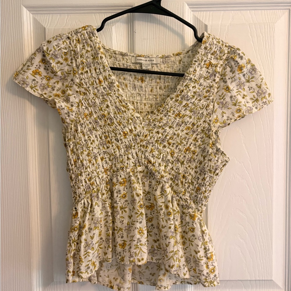American Eagle Outfitters Floral Smocked Blouse - Cream and Yellow